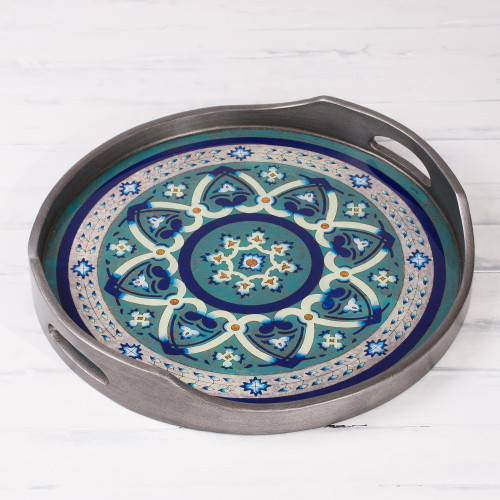 Steel-Tone Reverse-Painted Glass Tray from Peru 'Floral Intricacy in Steel'