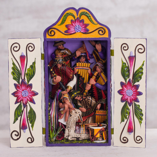 Ceramic and Wood Dance-Themed Retablo from Peru 'Adoration of Baby Jesus'