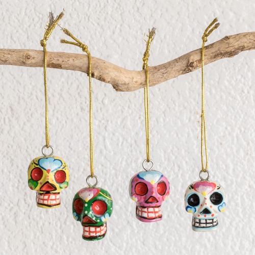 Wood Floral Skull Ornaments from Guatemala Set of 4 'Traditional Skulls'