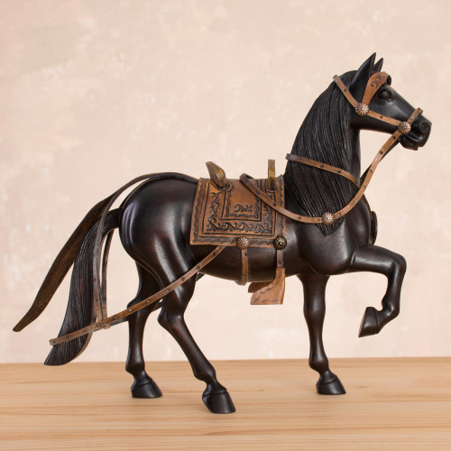 Cedar Wood and Leather Horse Sculpture from Peru 11.5 in. 'Peruvian Paso Horse'