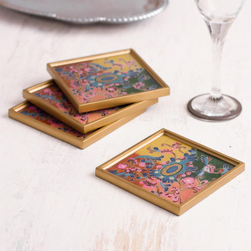 Colorful Reverse-Painted Glass Coasters from Peru Set of 4 'Artisanal Color'