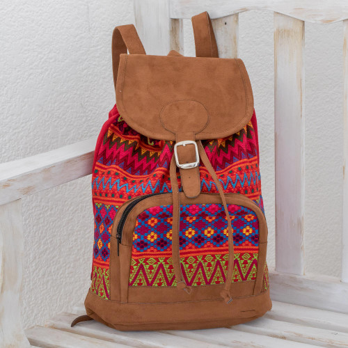 Zigzag Motif Handwoven Cotton Backpack from Guatemala 'Flowers of Comalapa'