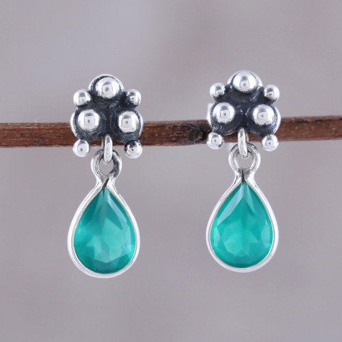 Petite Indian Sterling Silver and Green Onyx Dangle Earrings 'Trinity Glitter'