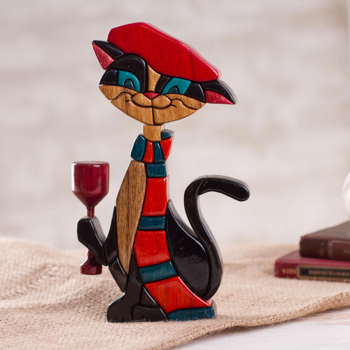 Colorful Wood Cat Sculpture Crafted in Peru 'Parisian Cat'