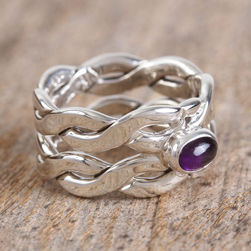Amethyst Sterling Silver Intertwining Band Single Stone Ring 'Currents at Dawn'
