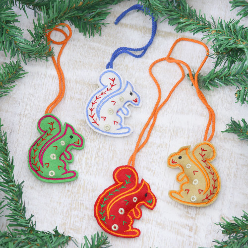 Assorted Color Squirrel Ornaments in Wool Felt Set of 4 'Squirrel Greetings'