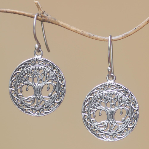 Tree-Themed Sterling Silver Dangle Earrings from Bali 'Sacred Plumeria Tree'