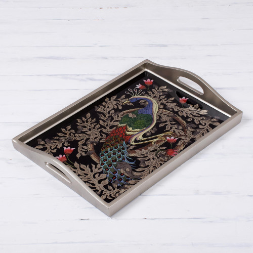 Reverse-Painted Glass Peacock Tray in Silver 17 in. 'Peacock Charm in Silver'