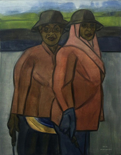 Signed Expressionist Painting of Two Farming Women from Bali 'Two Farmers'