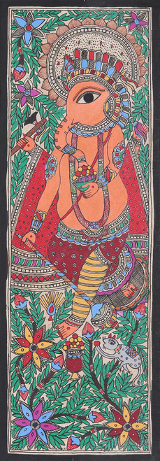 Signed Madhubani Painting of Hindu God Ganesha from India 'Calm Ganesha'