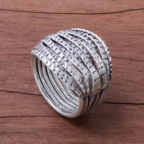 Patterned Sterling Silver Band Ring from Thailand 'Friendly Harmony'