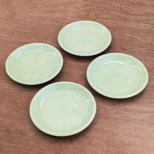 Rice-Themed Celadon Ceramic Plates from Thailand Set of 4 'Thai Rice'