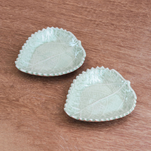 Leaf-Shaped Celadon Ceramic Bowls from Thailand Pair 'Leaves of the Forest'