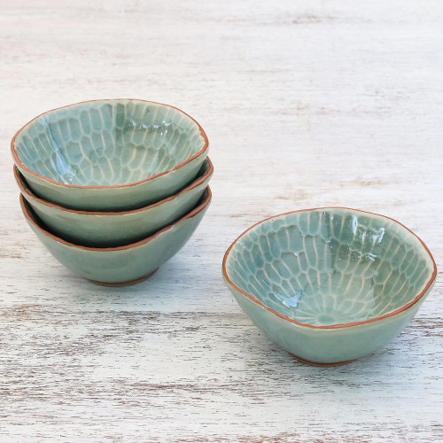 Celadon Ceramic Appetizer Bowls from Thailand Set of 4 'Sunflower Dream'