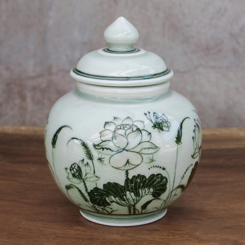 Lotus-Themed Celadon Ceramic Vase from Thailand 'Regal Lotus'