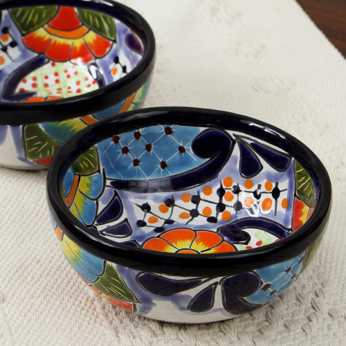 Talavera Ceramic Condiment Bowls from Mexico Pair 'Raining Flowers'