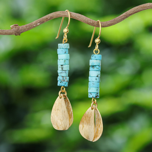 Brass and Reconstituted Turquoise Dangle Earrings 'Sea Gold'