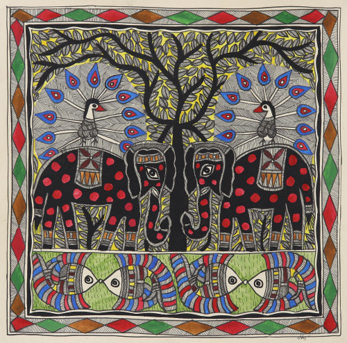 Nature-Themed Traditional Madhubani Painting from India 'Glorious Union'