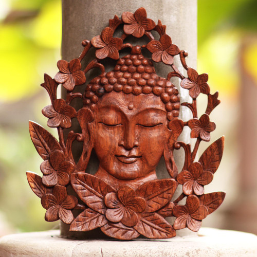 Floral Buddha-Themed Suar Wood Relief Panel from Bali 'Flowery Buddha'