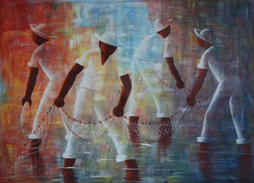 Signed Expressionist Painting of Four Fishermen from Brazil 'Net Fishing'