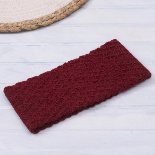 Wave Pattern 100 Baby Alpaca Headband in Crimson from Peru 'Passionate Waves in Crimson'