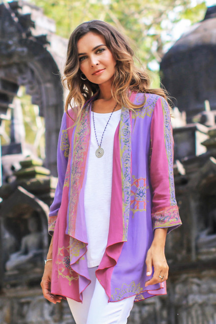 Fuchsia and Purple Batik Rayon Kimono Jacket from Bali 'Balinese Cover'