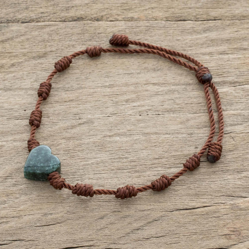 Natural Jade Heart Pendant Bracelet from Guatemala 'Heart Between Knots'