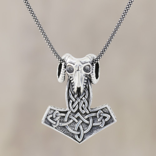 Men's Sterling Silver Thor's Hammer Pendant Necklace 'Thor Ram'