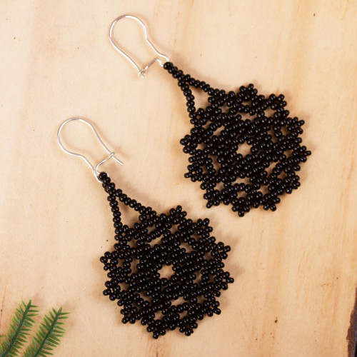 Black Floral Glass Beaded Dangle Earrings from Mexico 'Floral Huichol'