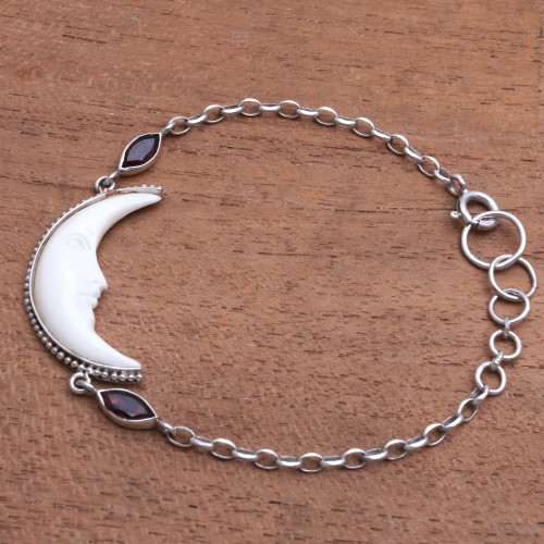 Crescent Moon Garnet and Bone Pendant Bracelet 'Happy Crescent'