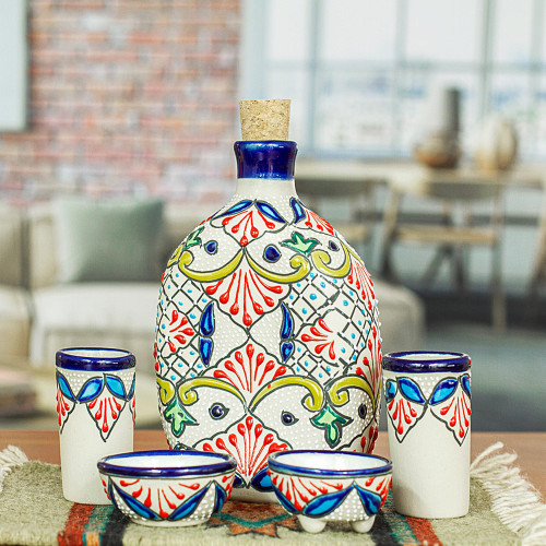 5-Piece Talavera-Style Ceramic Tequila Set from Mexico 'Talavera Beverage'