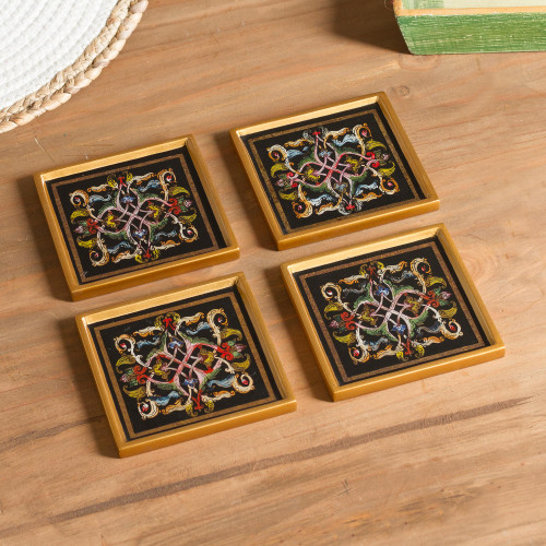 Floral Reverse-Painted Glass Coasters Set of 4 'Colonial Intricacy'