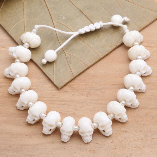 Hand Carved Bone Skull Bead Bracelet 'Bone Collector'