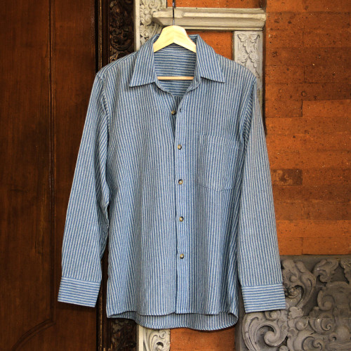 Blue Striped Long-Sleeved Men's Cotton Shirt from Guatemala 'Pacific Ocean'