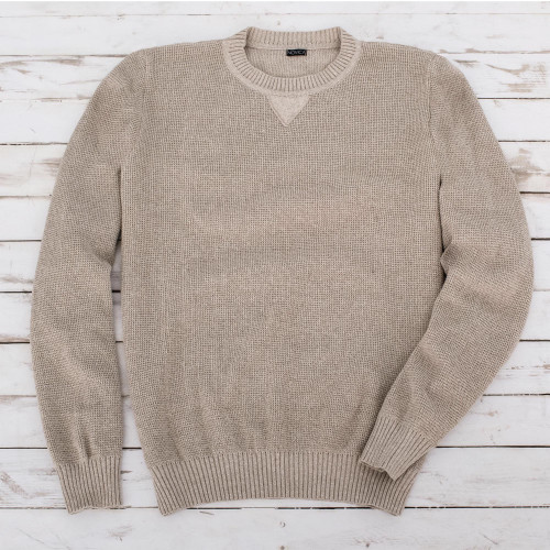 Men's Beige Cotton Pullover Sweater from Guatemala 'Sporting Elegance'