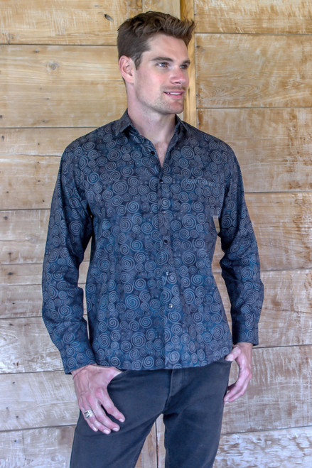 Hand Stamped Men's All Cotton Shirt in Blue and Grey 'Hypnotic'