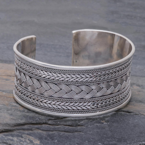 Mixed Braided Motifs Sterling Silver Cuff Bracelet 'Exotic Waves'