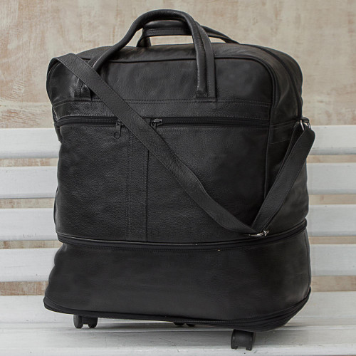 Expandable Leather Wheeled Travel Bag in Black from Brazil 'Style Traveler in Black'