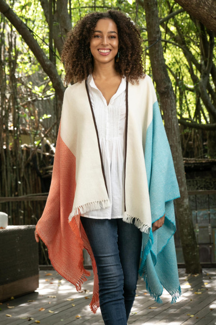 Tri-Color Suede Accented 100 Baby Alpaca Ruana from Peru 'Majestic Combination'