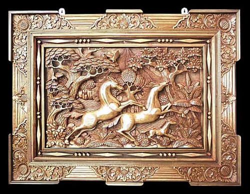 Hand Made Wood Relief Panel 'Racing Horses'