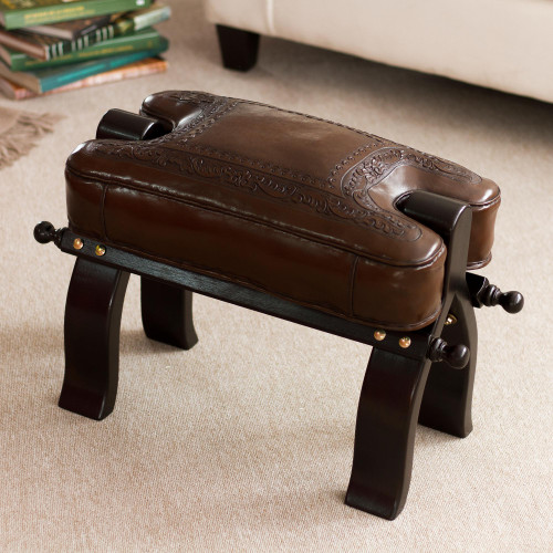 Unique Colonial Leather Wood Ottoman Stool 'Colonial Wreath'