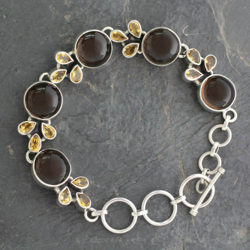 Sterling Silver Link Bracelet with Smoky Quartz and Citrine 'Earthy Warmth'