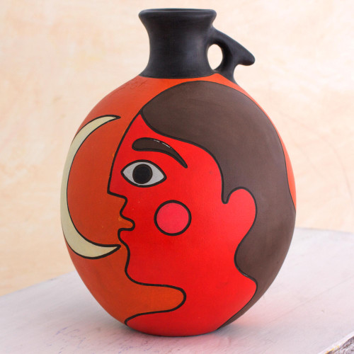 Man with Moon Signed Artisan Crafted Decorative Vase 'Masaya Nightfall'