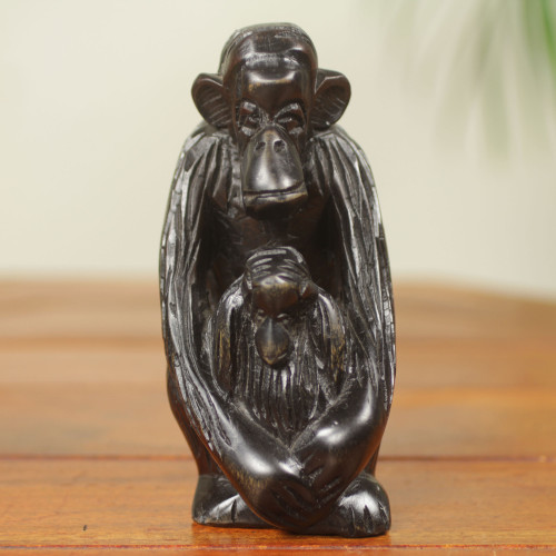 African Hand Carved Ebony Chimpanzee Motherhood Sculpture 'Mother Chimp'