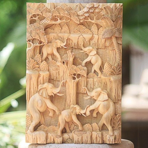 Hand Carved Wood Relief Wall Panel with Elephant Motif 'Elephant Paradise'