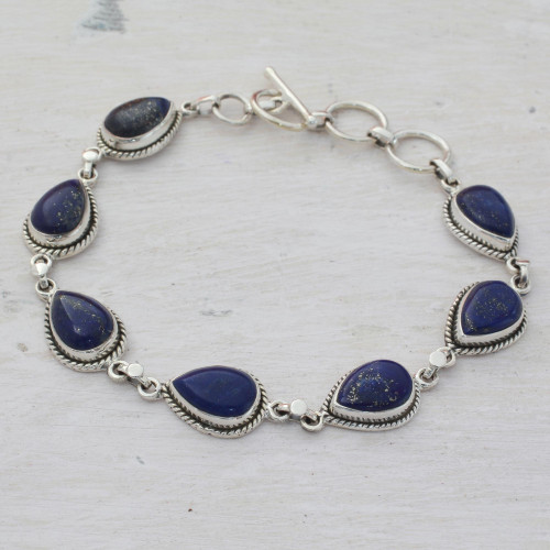 Lapis Lazuli and Sterling Silver Link Bracelet from India 'Caressing Rain in Blue'