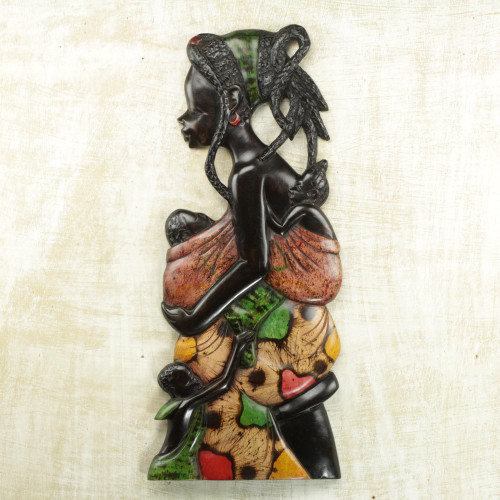 Sese Wood Wall Decor of Mother and Three Children from Ghana 'Mother of Three'