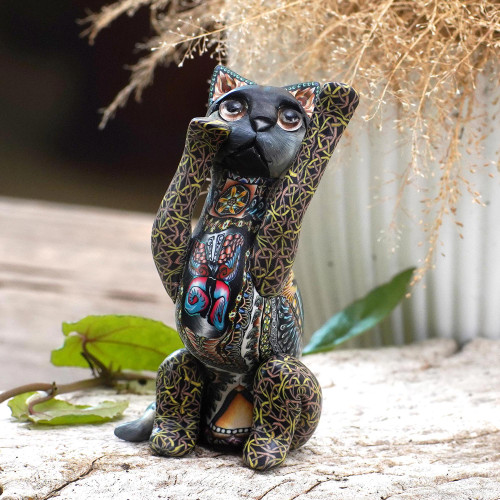 Handcrafted Colorful Polymer Clay Cat Sculpture from Bali 'Begging Cat'