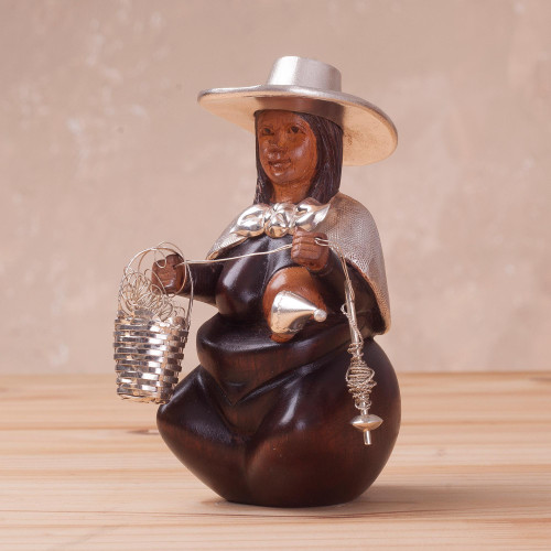 Sterling Silver and Wood Sculpture of a Woman from Peru 'Woman Spinner of the Andes'