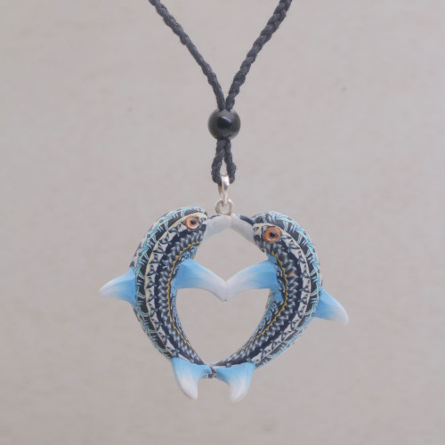 Handmade Polymer Clay Dolphin Pendant Necklace Indonesia 'Dolphin Twins'